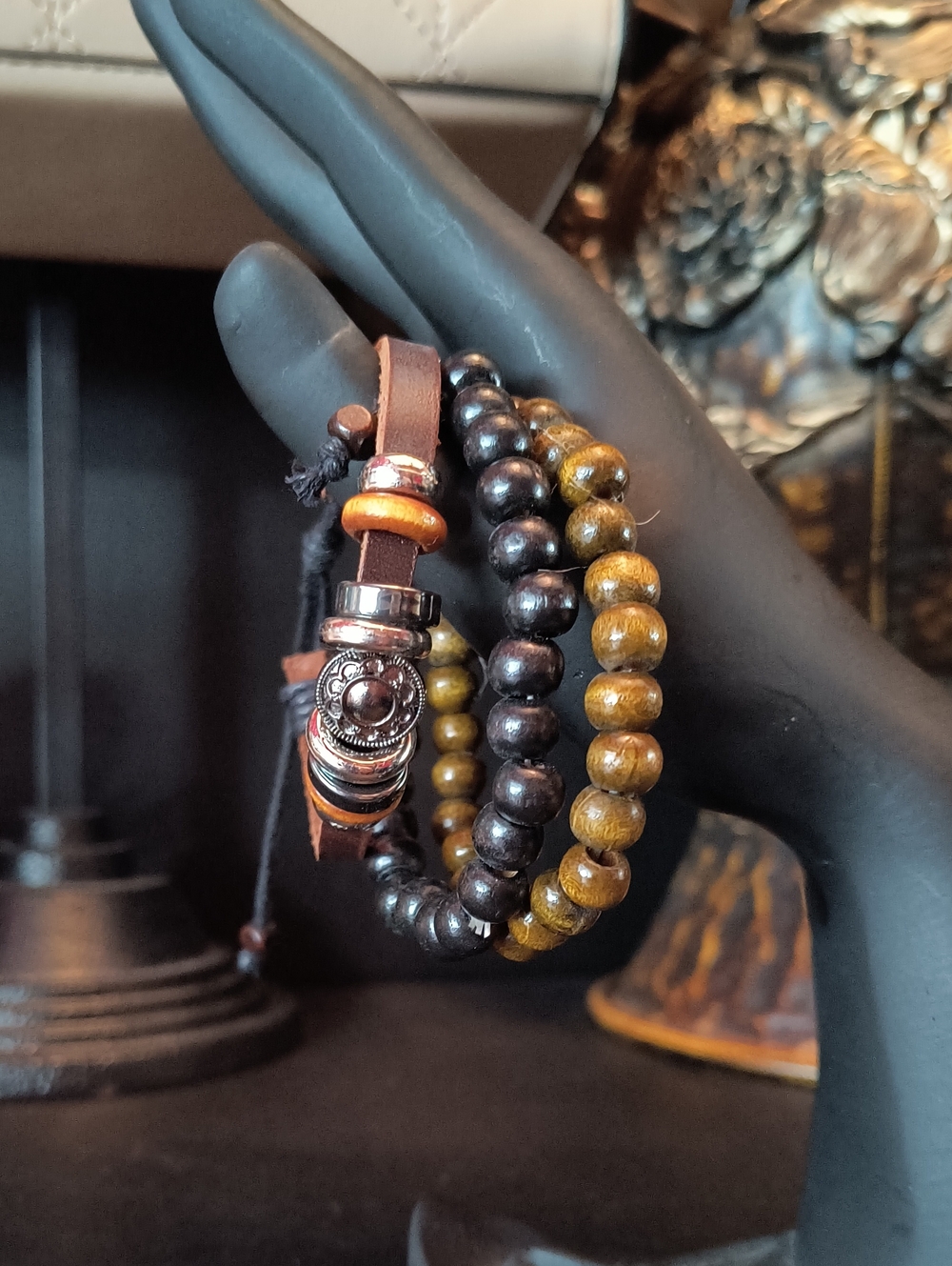 Handmade Layered Beaded Bracelet Set in Black & Brown for Women